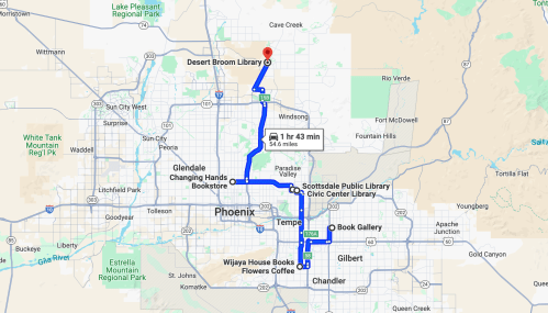 Map showing directions from Desert Broom Library to various locations in Phoenix, Arizona, with a travel time of 1 hour 43 minutes.